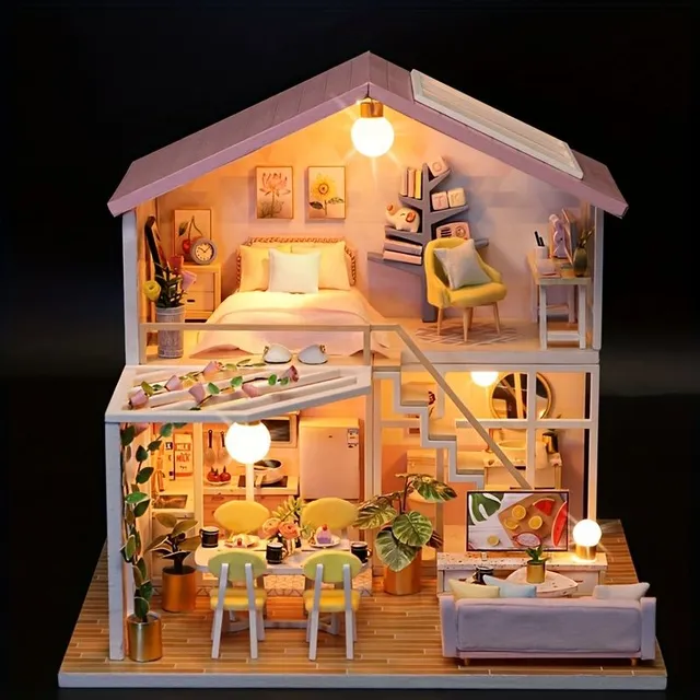 Miniature kit of play house, set Model of building with furniture Doll Miniature house for girls Room Bedroom Home accessories Compilation of 3D three-dimensional puzzle Toys Birthday Handmade gift