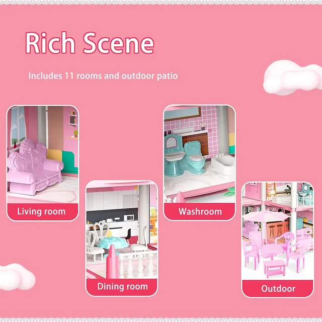 Różowy dom zabaw dla dzieci - zestaw DIY z meblami dla dziewczynek