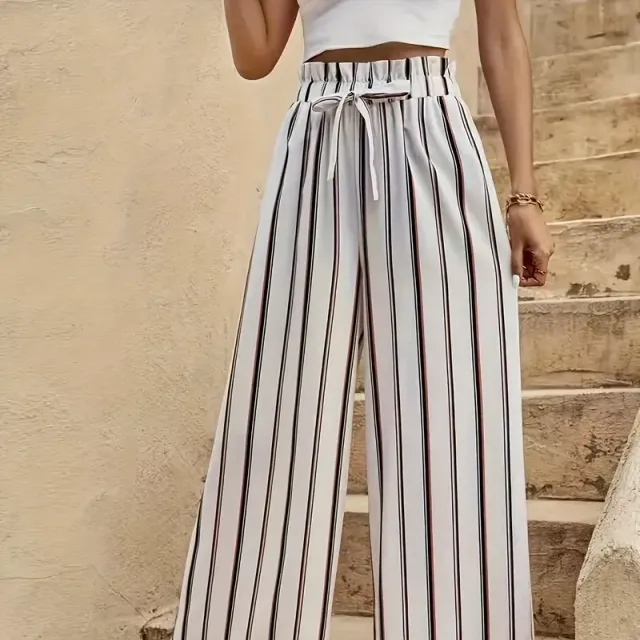 Lazy trousers with high waist, wide pants and stripes, with cord in the waist