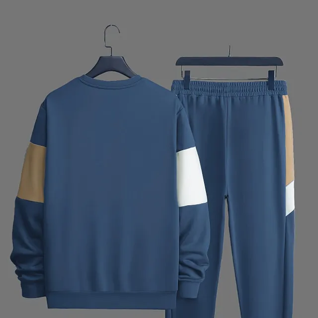 Men's sports kit for winter and autumn, 2-piece, colorful blocks, hoodie with round neckline and long sleeves, jogger sweatpants