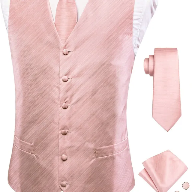 Male vintage sleeveless vest with elegant cut and floral pattern, formal set - vest, tie, cuff links and handkerchiefs