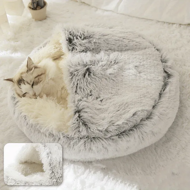 Soft donut-shaped teddy bed with hood for small dogs and cats