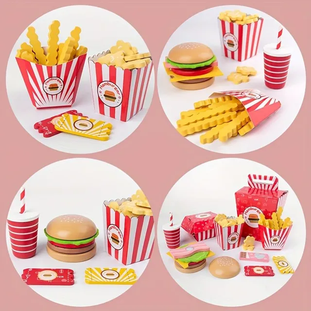 Wooden Playful Hamburgers for Construction, Interactive Food, DIY Game for Restaurant, Development Toy