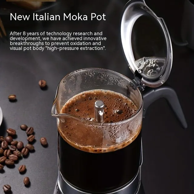 Italská nerezová Moka konvička - 200 ml, průhledné silikonové sklo, ideální pro domácí přípravu kávy, dokonalý dárek