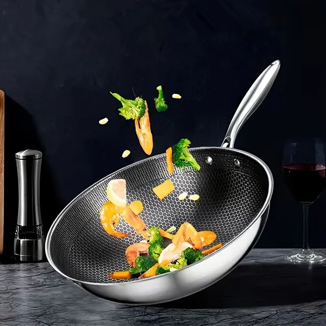 Sartén wok de acero inoxidable con superficie antiadherente Honeycomb, para cocinas de gas e inducción, utensilios de cocina