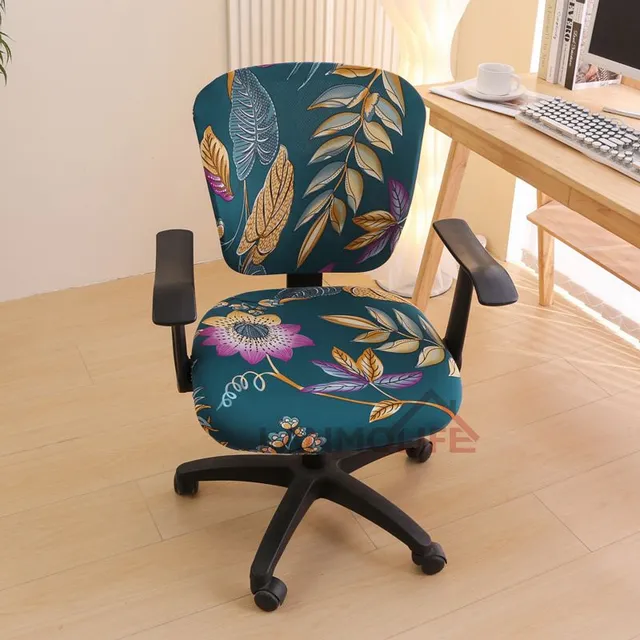 Decorated covers on the chair to Joi's computer