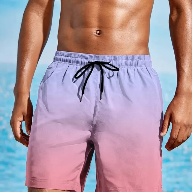 Mužské voľné plážové šortky na aktívne nosenie, rýchle sušenie s šnúrkou a ombre efekt, ľahké šortky na letné prázdniny na pláži a surfovanie