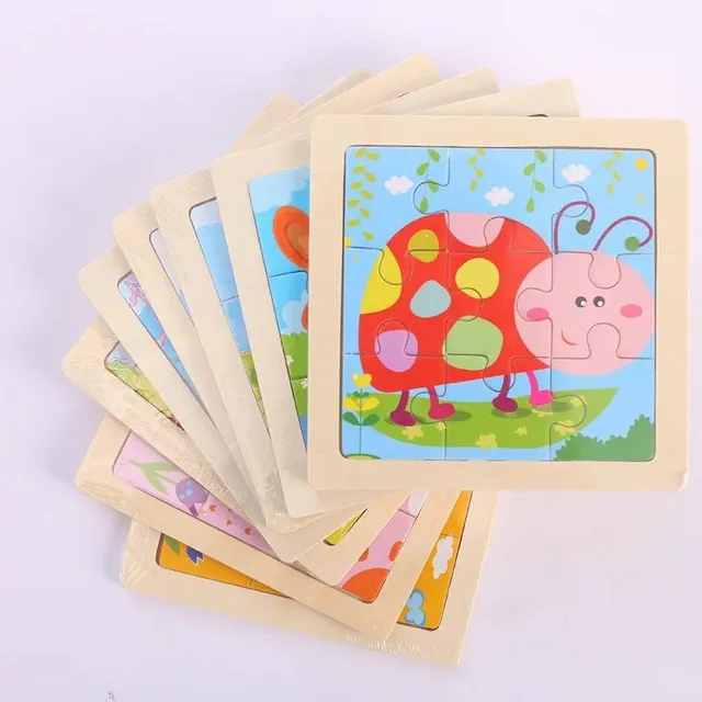 Children's wooden puzzle with animals and means of transport - 11x11 cm