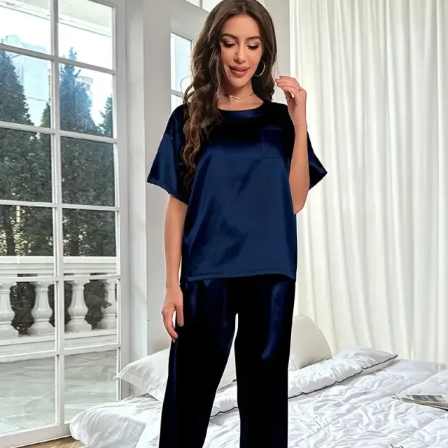 Pijamale din satin pentru femei, set cu mâneci scurte și pantaloni lungi