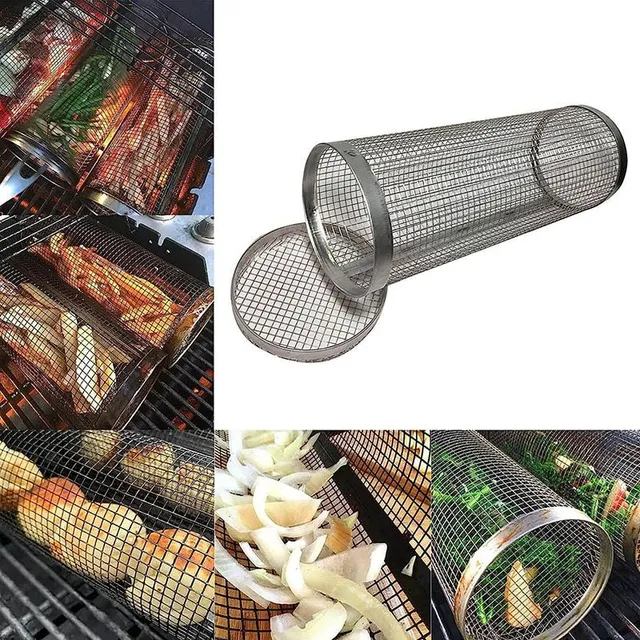 Outdoor cylindrical barbecue basket with stainless steel hook and fork