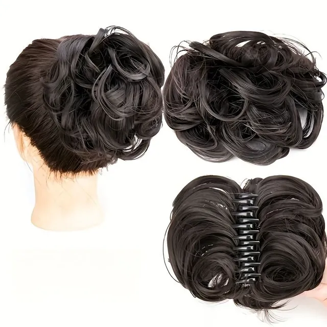 Scrambled bun with clip - Clip-in hairpins with curly and wavy fibres - Synthetic hair