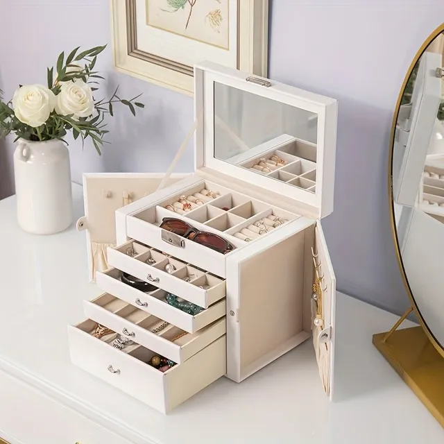 1 piece Large jewelry box, 5-storey PU leather organizer with lock, multifunctional storage case with mirror