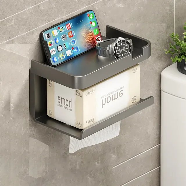 Nástěnný držák toaletního papíru s úložným prostorem a odkládacím podnosem pro telefon