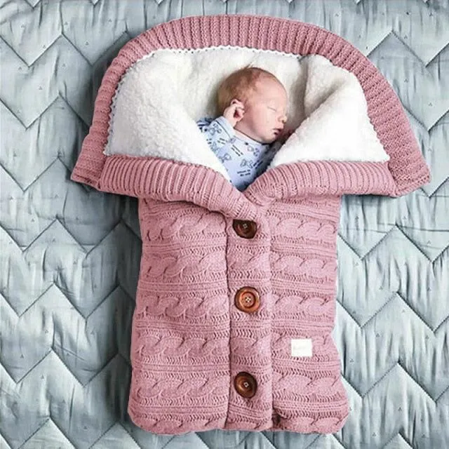 Novorodenec Detské zimné teplé spacie vaky Detské tlačidlo pletené Swaddle Wrap pink