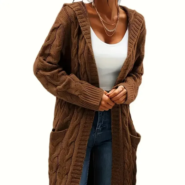 Cardigan da donna con cappuccio con motivo a cavi, maniche lunghe, lunghezza media, tasche - tinta unita