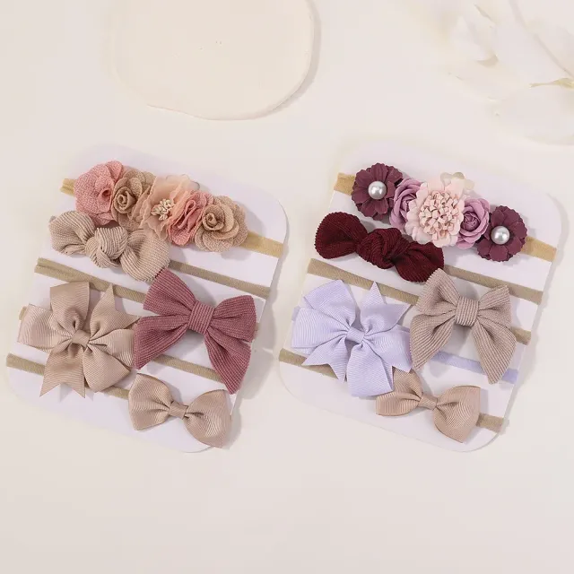 Bandeaux élastiques pour bébés avec nœud et fleurs - plusieurs variantes, 5 pcs/ensemble