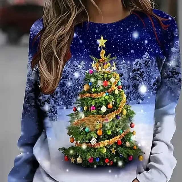 Women's Christmas sweater with tree printing, casual long sleeve, round neckline