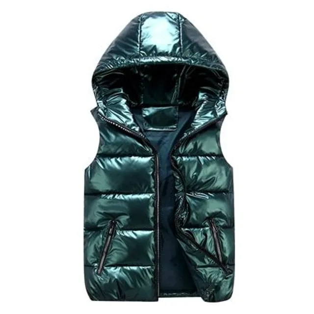 Unisex moderná pohodlná prešívaná vesta s kapucňou z lesklého materiálu