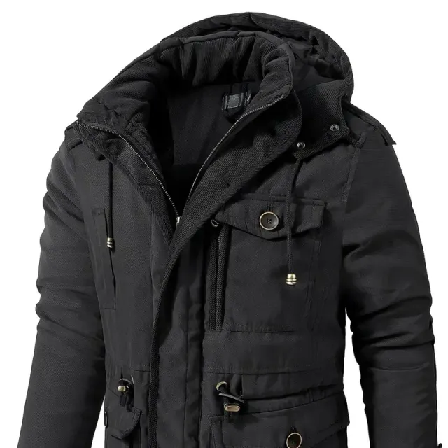 Men's warm winter jacket with hood, multifunctional pockets, elegantly casual