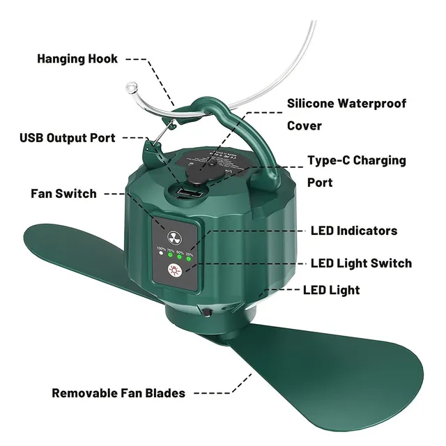 Charging fan with battery light with hook, remote control, 3 speeds and 3 light levels