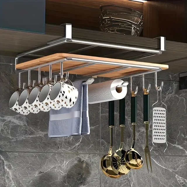 Nerezový závěsný úložný regál - organizér do kuchyně: na prkénka, nádobí, kuchyňské utěrky, hrnky + háčky