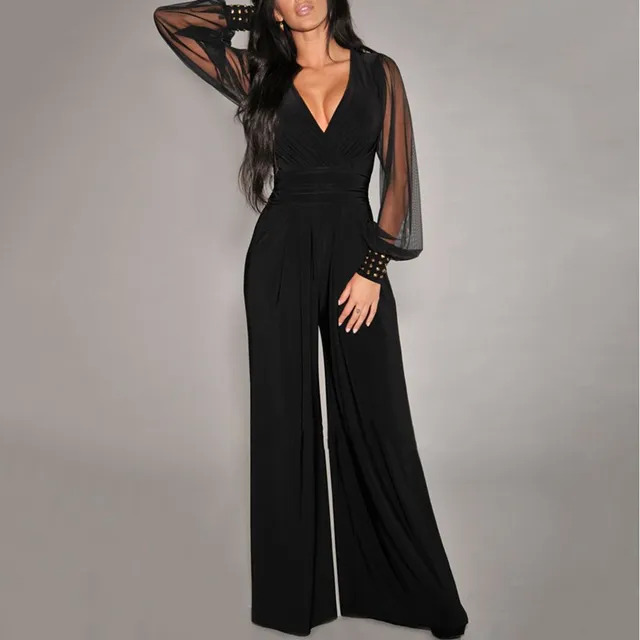 Women's fashionable sexy jumpsuit with V-neckline, shimmering semi-transparent mesh, wide legs and pockets