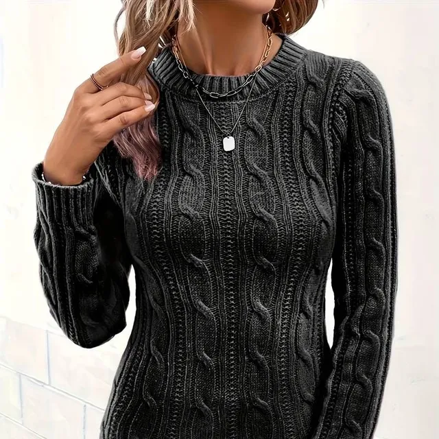 Ladies knitted sweater with round neck and long sleeves in cable pattern