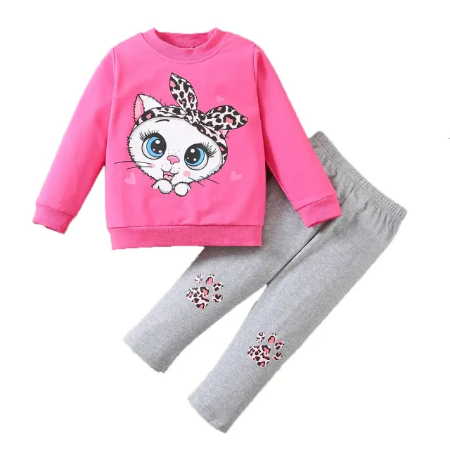 Children's two-piece cotton pajamas with long sleeve and a cat with big eyes for girls