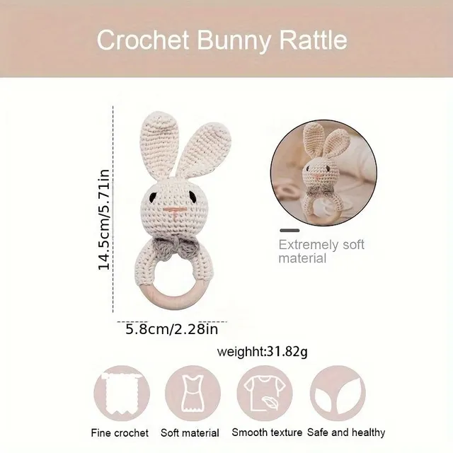 Hooked rattle in the form of a brown bunny - cute design impresses the baby, Built-in bells ring when swinging