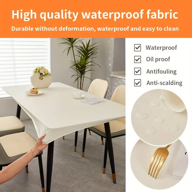 White rectangular tablecloth with elasticity, waterproof and oleo-repellent