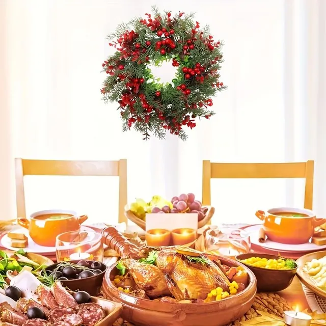 Christmas wreath with red berries and artificial eucalyptus