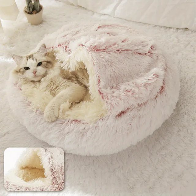 Soft donut-shaped teddy bed with hood for small dogs and cats