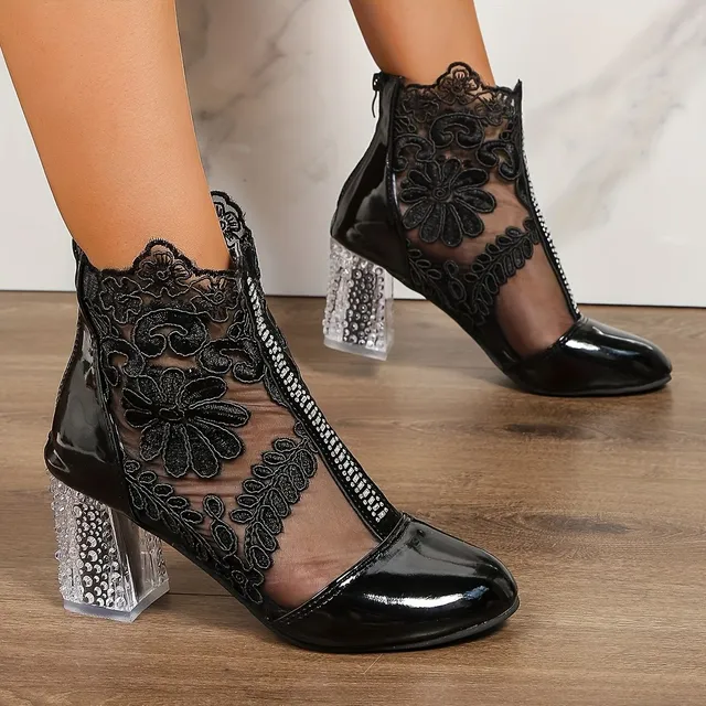 Women's ankle boots on rough heel with floral pattern, painted leather, laced, zipper in the back