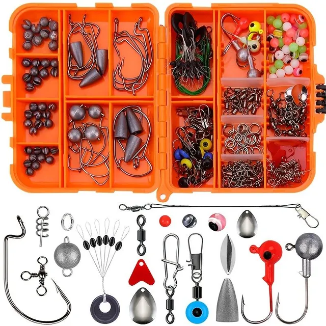 Complete fishing set 251 pcs with everything needed: Lead weights, Jig hooks, silicone balls, vertebrae and carabiners