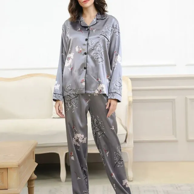 Women's Pajamas with Flower Pattern, Pants Pattern &amp; Blouse Buttons with Long Sleeve