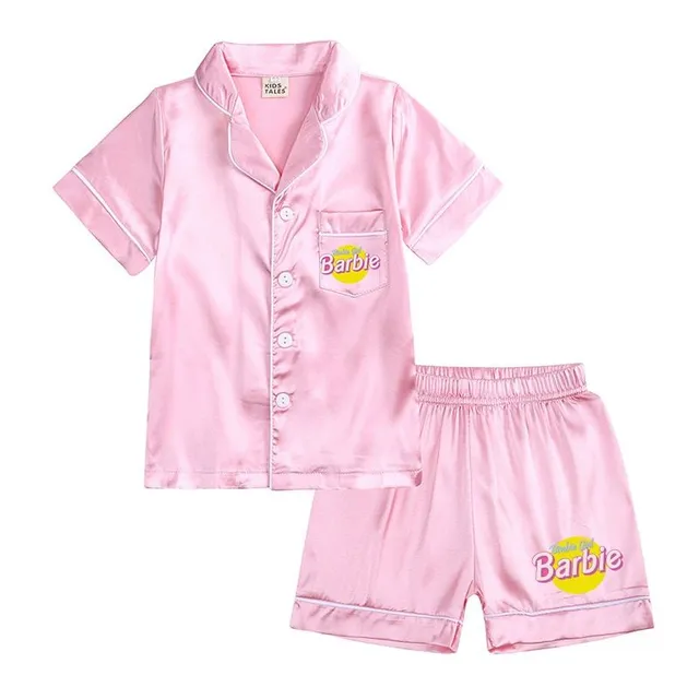 Girl modern two-piece pajamas made of shiny material with Barbie motif