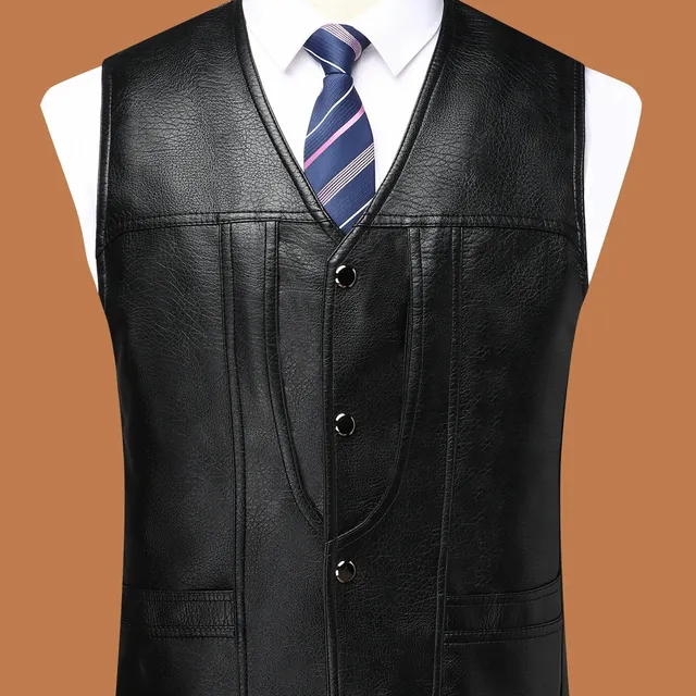 Men's PU leather vest with casual charm, single-row clamping and neckline to V