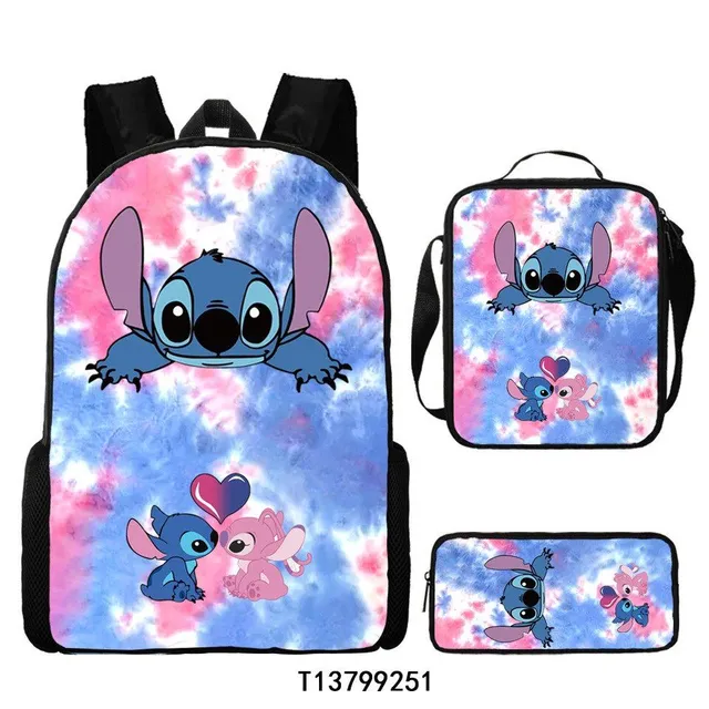 Set pentru copii cu 3 piese școlare cu motivele personajelor animate preferate Lilo și Stitch Rucsac / Geantă peste umăr / Penar