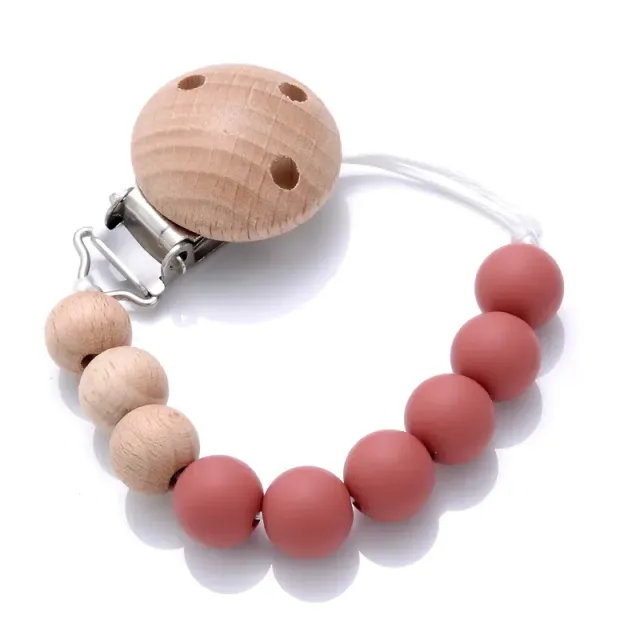 Wooden pacifier clip with silicone bite and round beads