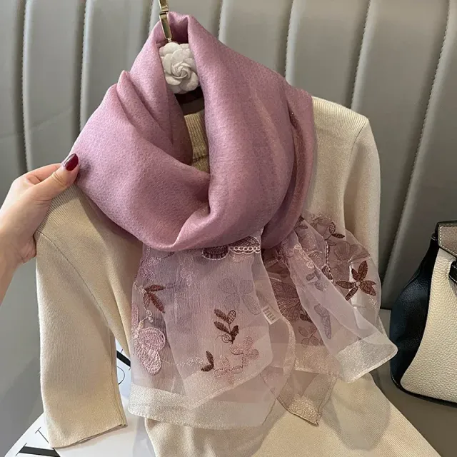 Luxury silk scarf in size 70x180 cm for women with fashion embroidery