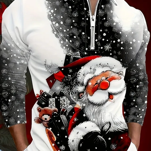 Men's colored shirt with long sleeve and zipper, with the motif of cute Christmas Santa Claus - perfect for spring and autumn