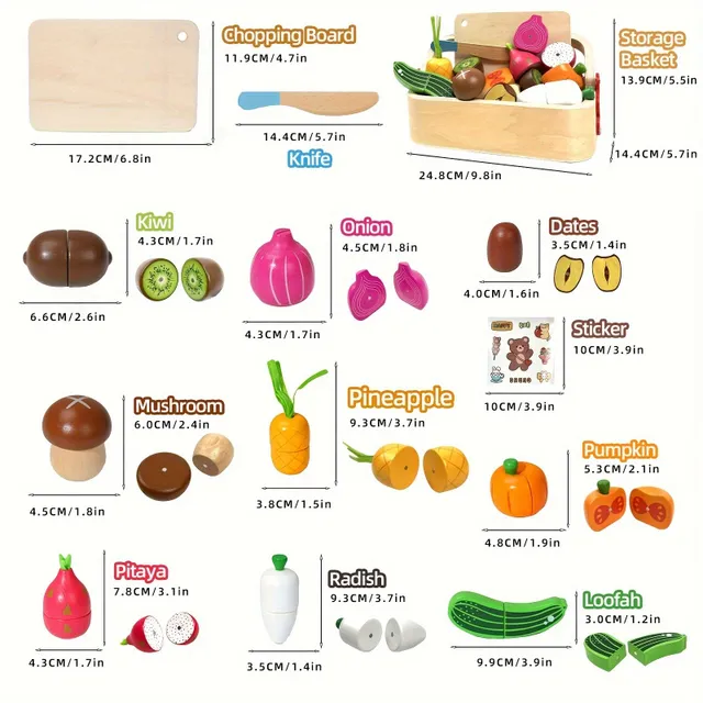 Magnetisches Holzset mit Obst und Gemüse im Korb