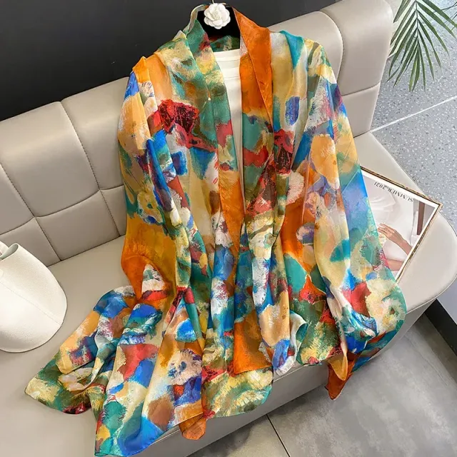 Eșarfă de mătase pentru femei cu imprimeu de lux, lungă și în mai multe variante de culori