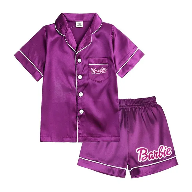 Pijama modernă pentru fete, formată din două piese, din material lucios, cu motivul Barbie