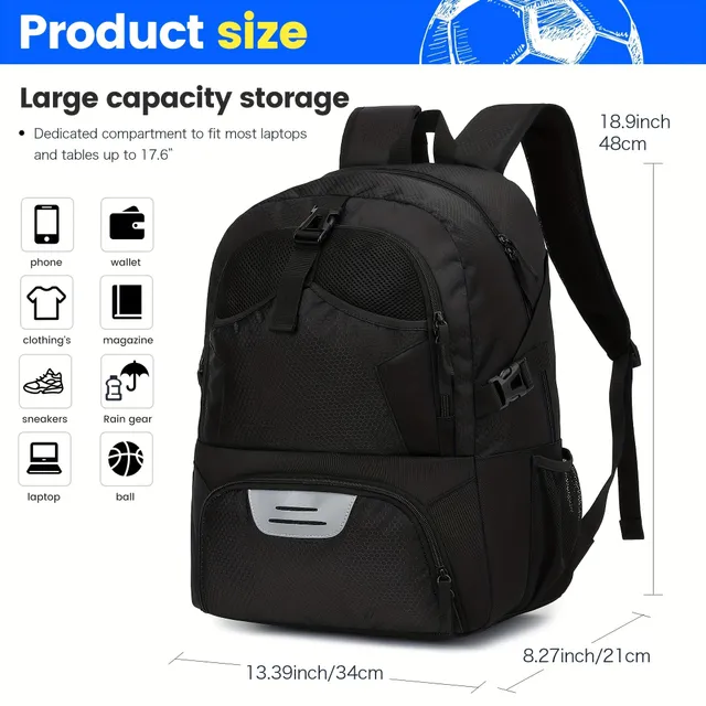 Universal sports backpack for youth and adults - Basketball, football, fitness, hiking, travel - with separate shoe space