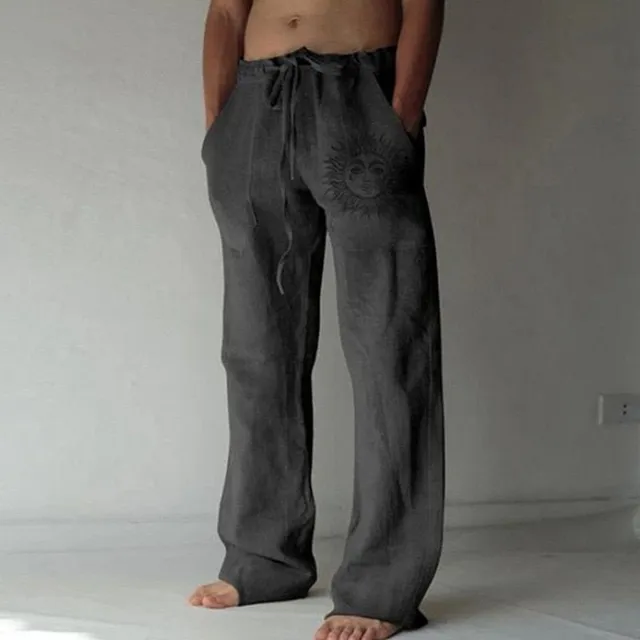 Pantaloni casual de in pentru bărbați cu șiret