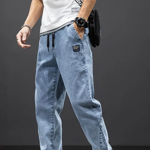 Men's denim joggers with pockets, comfortable string cotton pants for leisure and outdoor activities