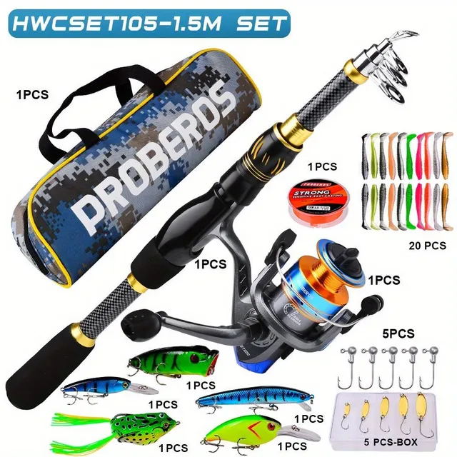 Set complet de pescuit PROBEROS cu undiță telescopică, mulineta și accesorii (1,5-2,4 m)