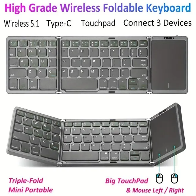 Foldable mini wireless keyboard with touchpad - for Windows, Android, iOS, Mac, tablets and smartphones