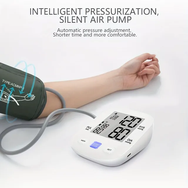 Domácí elektronický tlakoměr na paži s digitálním displejem pro osobní péči